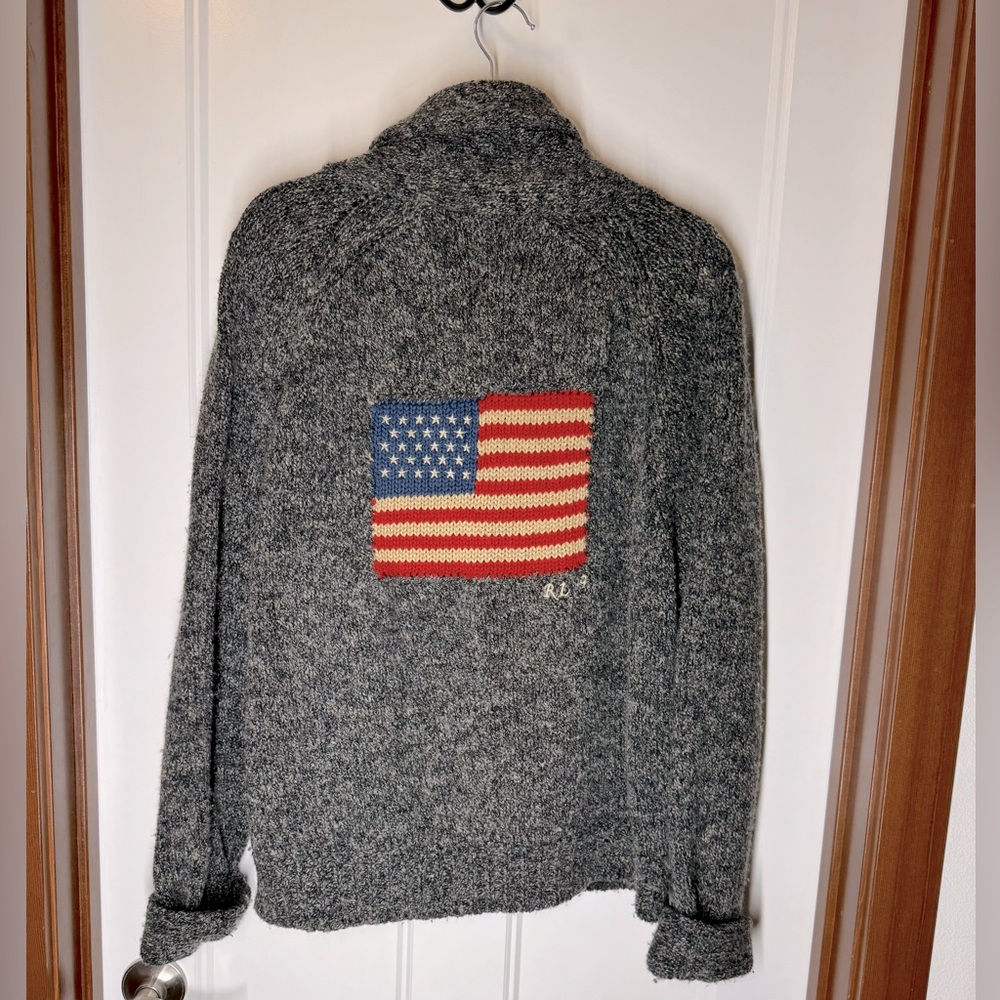 Polo Sportswoman RALPH LAUREN Gray USA Flag Cardigan Sweater Shawl